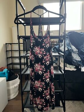 Full Tilt Black Mini Slip Dress with Pink Floral Print